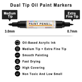 Betem 4 Count Dual Tip Oil Based White Black Paint Markers Paint Pens(0.7mm & 3mm), Permanent Paint Marker, Waterproof, Quick Dry, for Rock Painting, Wood, Plastic, Metal, Canvas(2White 2Black)