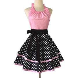 Hyzrz Cute Retro Apron Vintage Maid Polka Dot Kitchen Cooking Aprons for Women Ladies Girls (Pink)