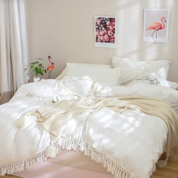 Softta Boho Duvet Cover King 3 Pcs Bohemian Style Modern Bedding White Girls Bedding Fringed Tassel and Ruffle 100% Washed Cotton