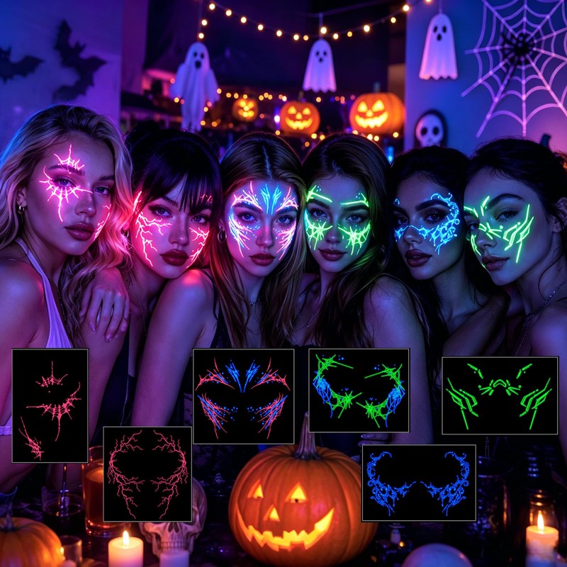 6 Pcs Glow in Dark Freckles Face Tattoo Halloween UV