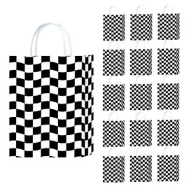 OasiZephauride 16 Pcs Race Car Goodie Bags Wavy Checkered Party Favor Bags for Kids Birthday with Handles, 8.6" x 6.3" x 3.1" Black and White Paper Treat Bags