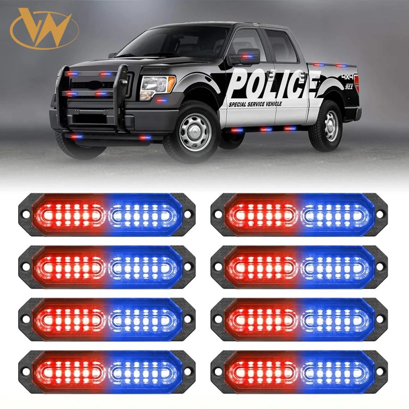 Red Blue Emergency Strobe Grille Lights 8pcs 12 LED Sync