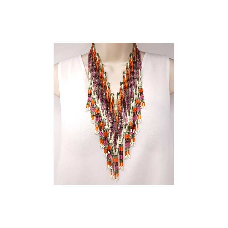 Elosee Bohemian Style Seed Bead Fringe Bib Statement Necklace (Option