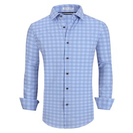 Alex Vando Mens Button Down Shirts Wrinkle Free 4-Way Stretch Print Business Casual Shirt,Blue Plaid,XL