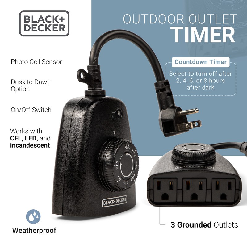 Black+Decker Outdoor 3 Grounded Outlets Timer with Waterproof Outlet and