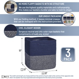 NaturalCozy Storage Cubes 11 Inch Cotton Rope Woven Baskets for Organizing, 3-Pack | Cube Storage Bin | Square Storage Baskets for Shelves Organizer, Classroom, Kids Toy Bins, Closet, Baby Nursery