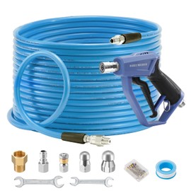 RIDGE WASHER Sewer Jetter Kit for Pressure Washer 150FT, 3600 PSI Drain Cleaning Hose with Short Power Washer Gun, 1/4 Inch NPT Corner, Rotating and Button Nose Sewer Jetting Nozzle