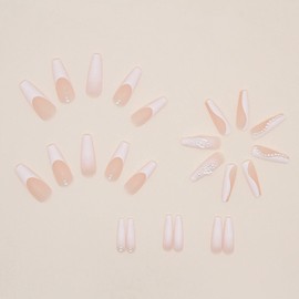 MERVF Coffin Press on Nails Long Fake Nails White French Tip Ballerina Acrylic Nails with Pearl Designs 24pcs Matte Glue on Nails for Women and Girls