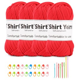 Doxiru 4 Pack 100g T-Shirt Yarn Set, Yarn for Knitting, Fabric, Knitting Yarn, Cotton Yarn, Soft Large Yarn, Crochet Yarn Set for Knitting, Crochet Yarn, Weaving Accessories (Red Color)