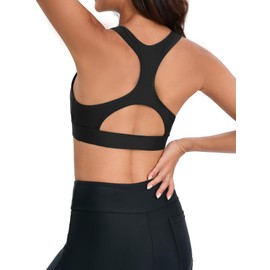 Women Racerback Sports Swim Bra High Neck Bikini Tops Black Workout Bathing Suit Padded Tops Only, Black, X-Large