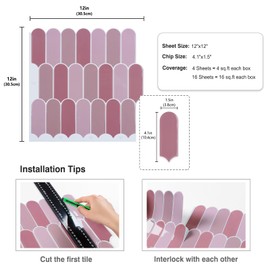 CRE8TIVE 16 Sheets Pink Feather Peel and Stick Tile Backsplash for Kitchen Bathroom Waterproof Long Fish Scale Stick on Wall Tile Self Adhesive Removable Backsplash for Living Room Fireplace 12"x12"