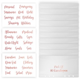 SOUL MAMA A6 Envelopes for Budget Binder - 10 Pcs Flapper Envelopes, Clear Binder Pockets with Stickers, 6 Holes Cash Stuffing Envelopes Waterproof Budget Envelopes