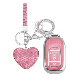 Vicoca for Honda Key fob Cover with Diamond Heart Keychain, Car Accessories TPU for 2022 2023 Accord Civic HR-V CR-V Pilot Smart Key Case, Silver Pink