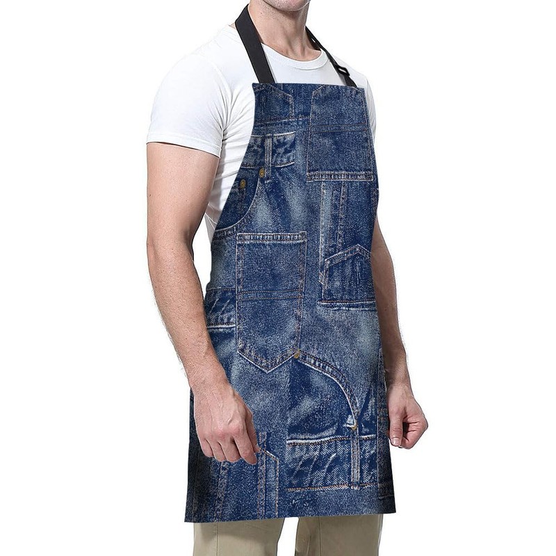 afidomu Kitchen Cooking Apron Denim Texture Patchwork Indigo Apron Home