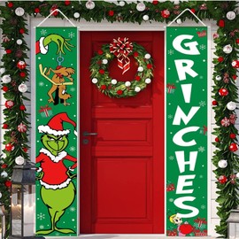 Christmas Door Cover, Green Christmas Decoration 35.4 x 70.9 INCH Christmas Door Banner Xmas Decorations for Outdoor Home Decor Wall