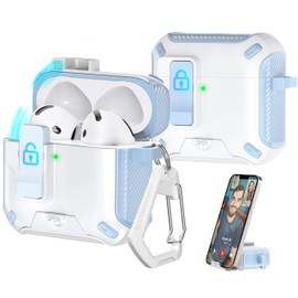 R-fun Compatible with AirPods 4th Generation 2024 Headphone Cases, Fully Drop Proof Auto Eject Protective Cover Design, New Charging Port Dust and Stand Design,Blue+White