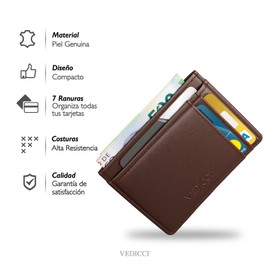 Cartera de Piel Lisa Color Café para Hombre/Tarjetero Minimalista de Piel para Caballero. Billetera de Piel Slim Unisex. Delgada y Elegante. Disponible en 3 Colores (Café)