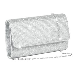 YEWCEP Clutch Silver Glitter, Elegant Evening Bag Silver for Women, Handbag with Chain, 20 x 10 x 5 cm, Perfect for Party, Wedding, Date, silver