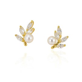 Pearl Leaf Stud Earrings for Women 14K Gold Plated Leaf Cubic Zirconia Earrings Dainty Bridal Bridesmaid Wedding Jewelry (Gold)