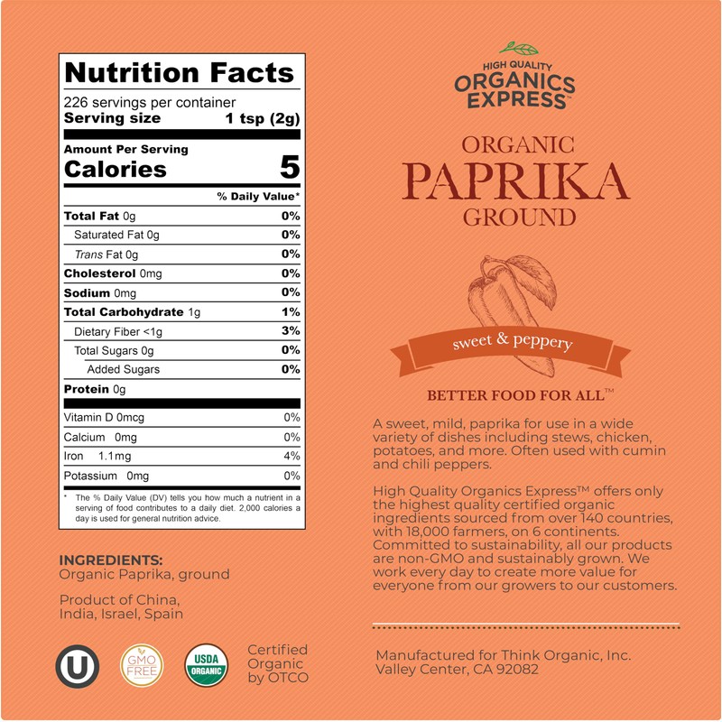 HQOExpress Organic Paprika – Non GMO, Kosher, USDA Certified Organic