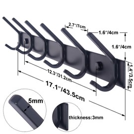 WEBI Coat Rack Wall Mounted,17-1/8 Inch Hooks for Hanging Coats,Heavy Duty Metal Hook Rail with 6 Double Dual Hooks Hanger Wall Mount for Purse Clothes Jacket Backpack Entryway,Black