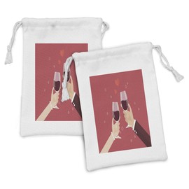 Lunarable Valentines Day Fabric Pouch Set of 2, Man and Woman Toasting Wine Glasses Anniversary Celebration, Small Drawstring Bag for Toiletries Masks and Favors, 9" x 6", Dark Coral Cream