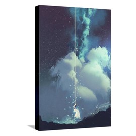 ART.COM Stretched Canvas Print The Woman on a Swing under the Night Sky with Stars and Clouds,Illustration Painting by Tithi Luadthong, 12" x 18"