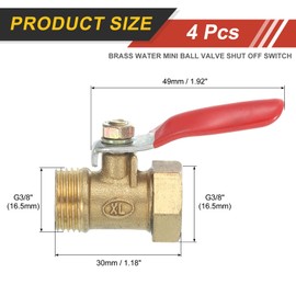 sourcing map 4Pcs Brass Water Mini Ball Valve Shut Off Switch, G3/8" Male x G3/8" Female Tubing Fitting Straight Coupling Adapter, 180 Degree Operation Handle, Brass Valve