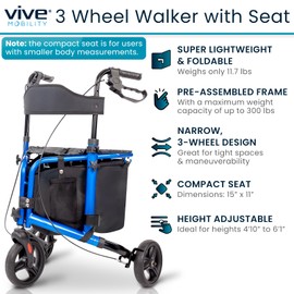 Vive 3 Wheel Walker with Seat - Tri Rollator Walker for Seniors and Adults - Lightweight and Foldable, with Seat, Brakes and Wheels - Narrow for Tight Spaces and Small Doorways - All Terrain