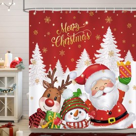 Bonhause Duschvorhang Weihnachten Schneemann Rentier Weihnachtsmann Winter Rot Duschvorhänge 180 x 180 cm Anti-Schimmel Wasserdicht Polyester Stoff Waschbar Bad Vorhäng für Badzimmer mit 12 Haken