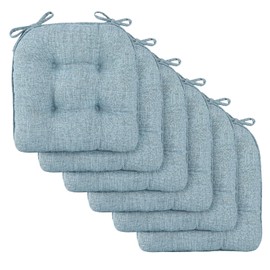 downluxe Indoor Chair Cushions for Dining Chairs, Tufted Overstuffed Textured Memory Foam Kitchen Chair Pads with Ties and Non-Slip Backing, 15.5" x 15.5" x 4", Light Blue, 6 Pack