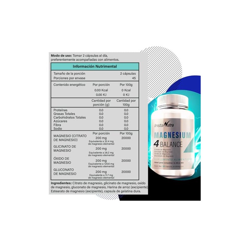InstaNutra, Magnesio complex con 4 magnesio, Glicinato, Gluconato y Óxido