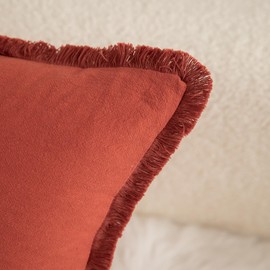 Mandioo Set of 2 Neutral Cotton Fringe Throw Pillow Covers Decorative Boho Farmhouse Cushion Covers Cozy Tassels Pillowcase for Couch Sofa Bed Living Room Decor 18x18 Inch 45x45cm Burnt Brick