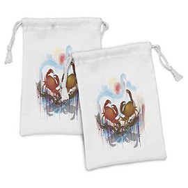 Ambesonne Crabs Fabric Pouch Set of 2, Sea Animals Theme 2 Crabs Dancing on the Abstract Grunge Background Print, Small Drawstring Bag for Toiletries Masks and Favors, 9" x 6", Brown Pale Blue