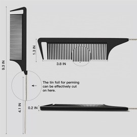 9.3'' Rat Tail Comb for Hair Stylist, Parting Combs for Braiding hair, Rattail Comb with Metal Stainless Steel Pintail for Sectioning, Teasing and Styling (Black)