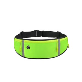 FuninCrea Running Belt with Water Bottle Holder and Adjustable Elastic Strap, 3 Zipper Pockets Fanny Pack Ultra Slim Waist Belt with Headphone Hole and Reflective Strips for Earphones Phones (Green)