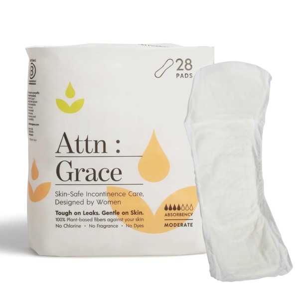 Attn: Grace Moderate Incontinence Pads for Women (28-Pack) - High Absorbency Sensitive Skin Protection for Medium Bladder Leaks or Postpartum | Discreet 100% Breathable & Plant-Based