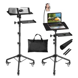 OUKMIC Projector Stand with Wheels, Laptop Tripod Stand with Mouse Tray & Bag, Height Adjustable 26 to 49 Inch Projector Tripod Stand with Gooseneck Phone Holder for Projector, Laptop, DJ, Sheet Music