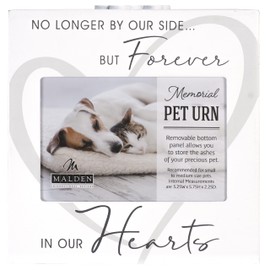 Malden International Designs 3.5x5 Forever In Our Hearts Memorial Pet Urn Four sided Screenprinted White Wood Urn Paw Print Attachment Removable Bottom Panel