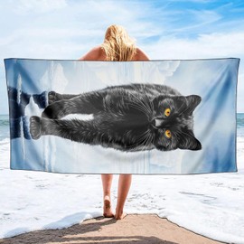 YISUMEI Microfibre Beach Towel XXL Beach Towel Lightweight Bath Towel Quick Drying Black Cat 180 x 90 cm