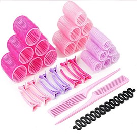 Rulos Pelo Grandes, Set de Rulos para el Pelo Profesional, 3 Tamaños Autoadhesivas Bigudies Pelo Rulos Yautoadhesivos,Rulos para el Pelo Auto Agarre para Cabello Largo, Mediano, Corto,con 12 Clips (Rosa/Morado, Mediano)