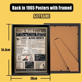 back in 1965 Poster Framed UK 60th Birthday Gifts for Men Women, Vintage Newspaper Happy 60th Birthday Decoration Supplies for 60 Year Old Grandpa Dad (10x13.5 inch, Black Gold)