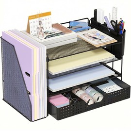 ECOLOVI Organizador de escritorio, organizador de papel de 4 niveles con soporte para archivos, cajón y 2 soportes para bolígrafos, organizador de arc