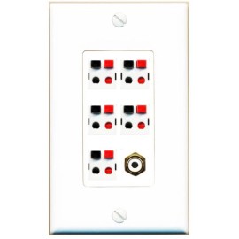 RiteAV 5 Port Speaker Wire Plug Jack Wall Plate+1 RCA for Subwoofer 1 Gang White