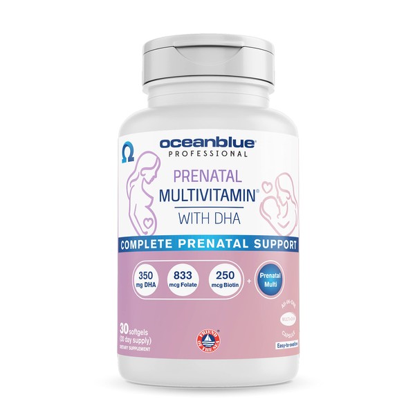 Oceanblue Prenatal Multivitamin with DHA – 30 ct – All in One, Easy to Swallow Capsule – with DHA (350mg), Folic Acid (833mcg), B12 (10mcg) and More – 30 Servings