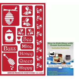 Glass Etching Secrets Honey & Bee Reusable Adhesive Vinyl Stencils: Hive, Honey Jar, Buzz, Bee Mine
