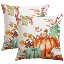 Artscope Fall Decorative Throw Pillow Covers 16x16 Inch Set of 2, Watercolor Pumpkin Fallen Leaves Outdoor Farmhouse Pillow Cases for Home Sofa Couch-Green Orange