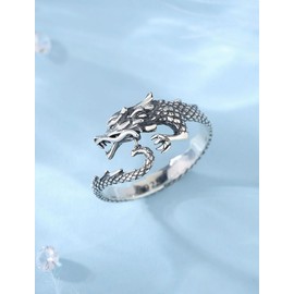 INFUSEU Dragon Ring for Women Sterling Silver Vintage Punk Gothic Open Rings Cool Animal Norse Viking Goth Adjustable Ring Size 7 8 7.5 Jewelry Gifts Cute