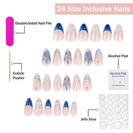 French Tip Press on Nails Medium Almond SWEKKE 3D Floral Fake Nails False Nails with Flower Shell Pearls Designs Beach Nails Glossy Glue on Nail Summer Acrylic Nail for Women Girls 24Pcs
