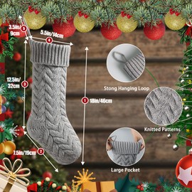 meioro Christmas Stockings with Greeting Card, 46cm/18in Large Size Cable Knit Christmas Stocking, Fireplace Hanging Xmas Stocking for Holiday Family Party Festival Decorations(Grey)